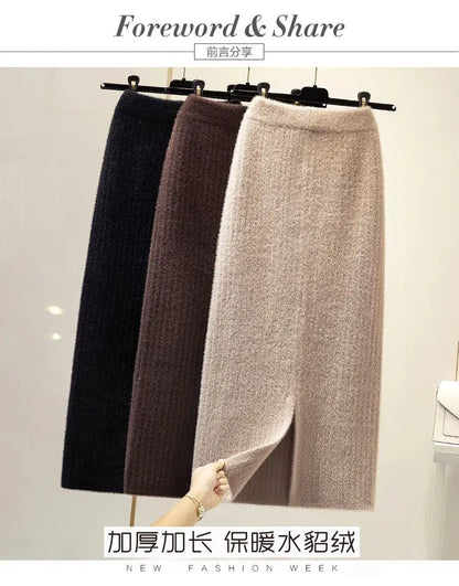 Mink velvet skirt female autumn and winter mid-length knitted one-step skirt split straight winter skirt casual solid long skirt.