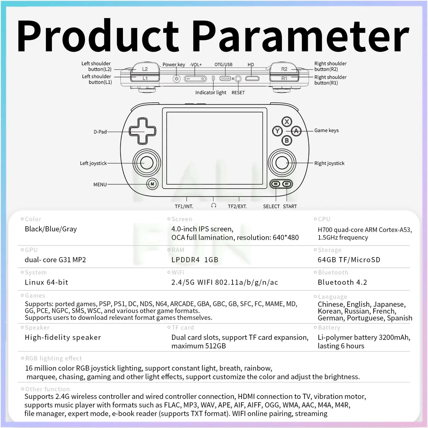 ANBERNIC RG40XX H Retro Handheld Game Console 64Bit 4 Inch IPS Screen Linux 5G WIFI Bluetooth HDMI-TV Output Video Gaming Player.