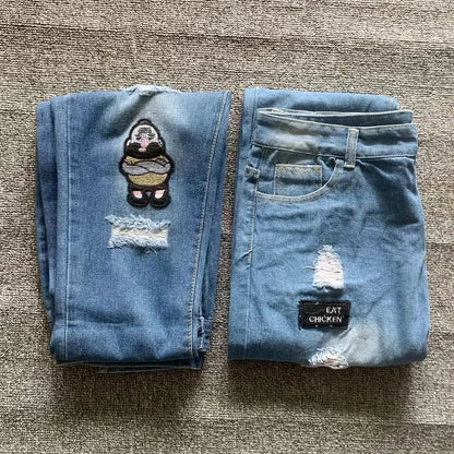 White Embroidery Skinny Ripped Jeans Men Cotton Stretchy Hole Slim Fit Hip Hop Denim Pants Casual Jeans for Men Jogging Trousers.