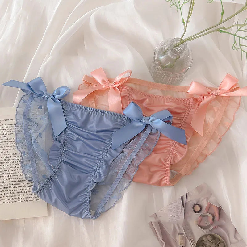 Women Sexy Satin Lace Mesh Transparent Bow Underwear Cute Lovely Sweety Princess Style Soft Panties Ruffles Breathable Breifs.