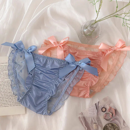 Women Sexy Satin Lace Mesh Transparent Bow Underwear Cute Lovely Sweety Princess Style Soft Panties Ruffles Breathable Breifs.
