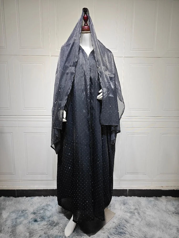 Ramadan Wave Point Black Open Muslim Modest With Hijab Women Kimono Abaya Damen Dubai Islam Kebaya Kaftan Robe Femme Musulman.