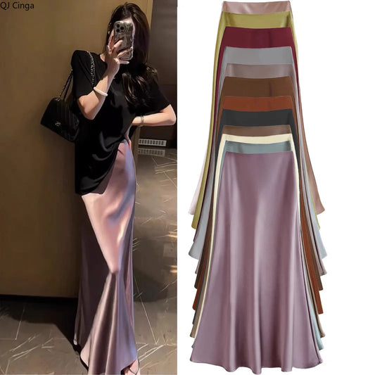 French Style Chic Women's Acetic Acid Satin Flowy High Waist Hip Hugging Skirt for Spring/Summer Fishing Tail Skirt A-line Skirt.