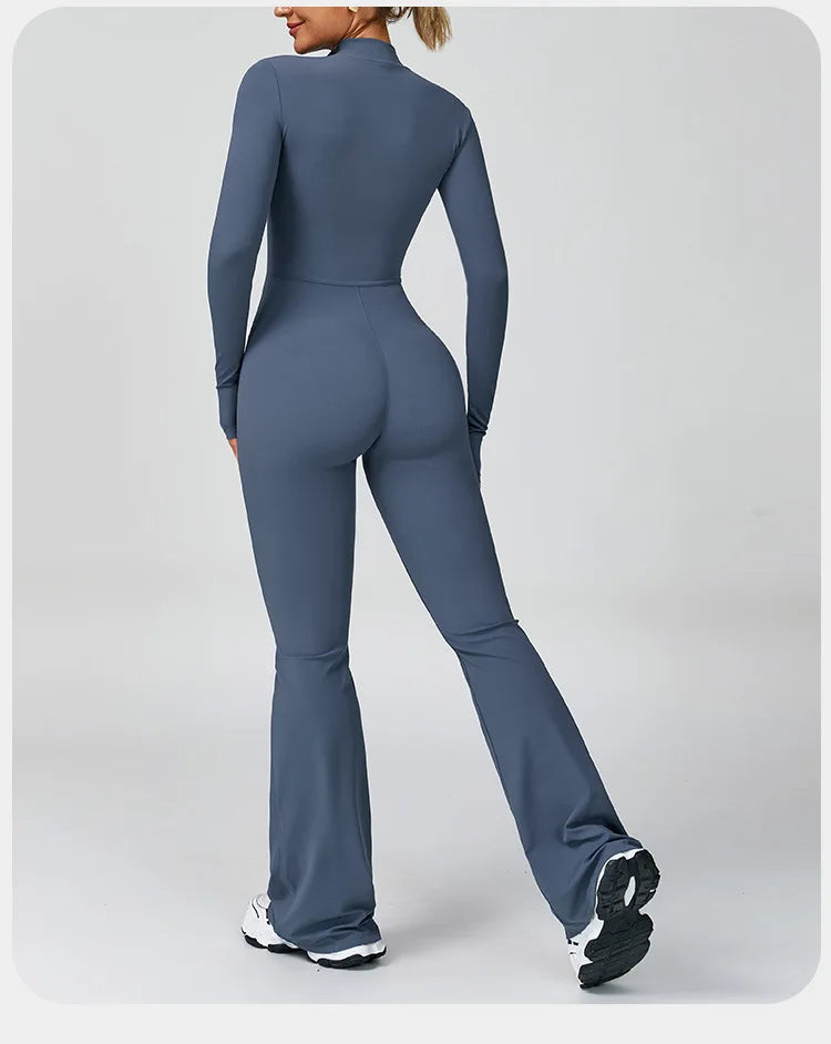 Women's One-piece Yoga Jumpsuit Long Sleeve Zipper Slim Fit Sports Outfit Flare Tights Quick-drying Hip Lift Gym Fitness Clothes.