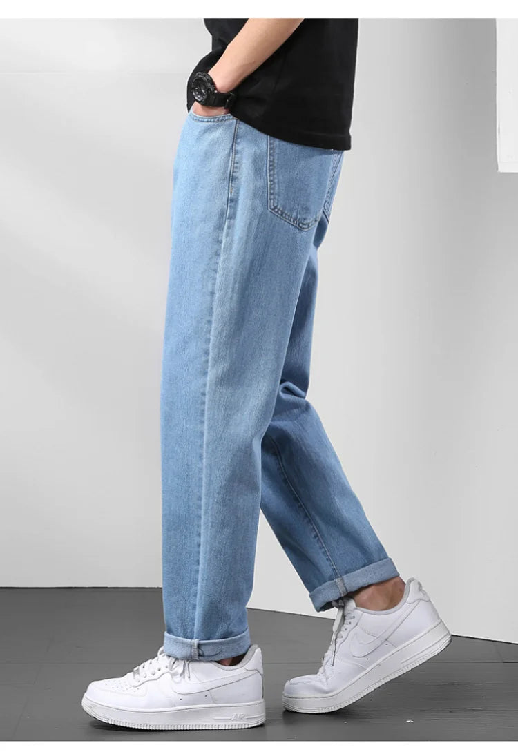 Light Blue American Retro Jeans Men Soft Loose Straight Cylinder High Street Workwear Casual Loose Legs Pants.