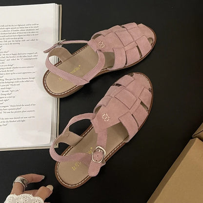 DIMANYU Women's Roman Sandals 2023 Summer New Flat Retro Real Leather Ladies Sandals Hollowed Women's Cage Shoes