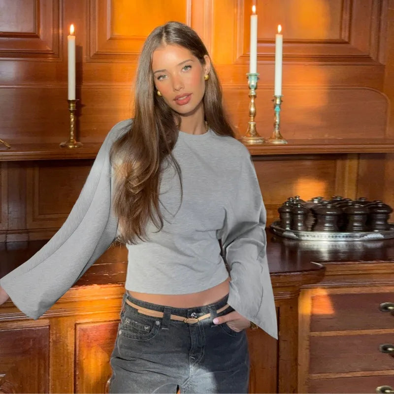 Trendix Basic Long Sleeve Crop Tops Women Summer O Neck Loose Casual Solid Pullover Top Ladies Street Party Club Fashion T Shirt