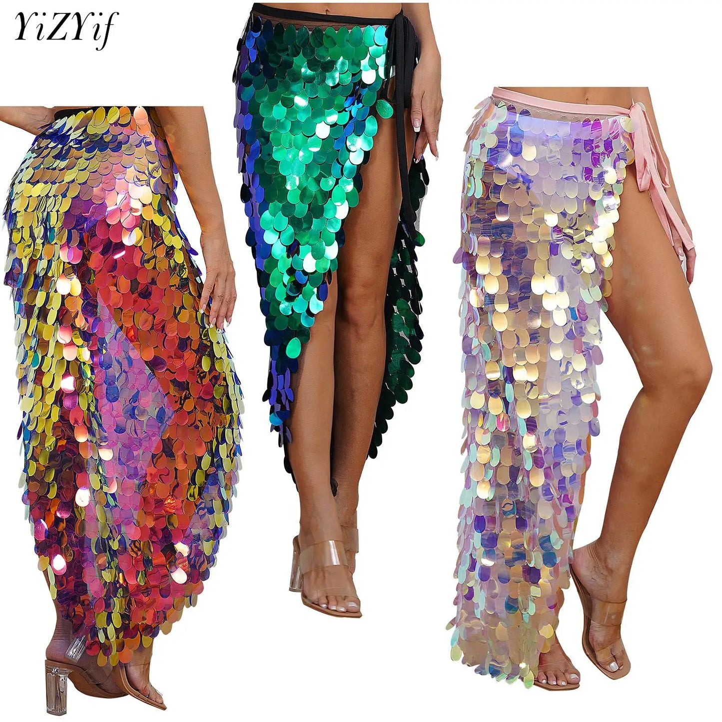 Womens Sequins Dance Skirt Lace-Up Mermaid Hip Scarf Wrap Long Belly Dance Hip Skirt Festival Dance Stage Performance Costumes.