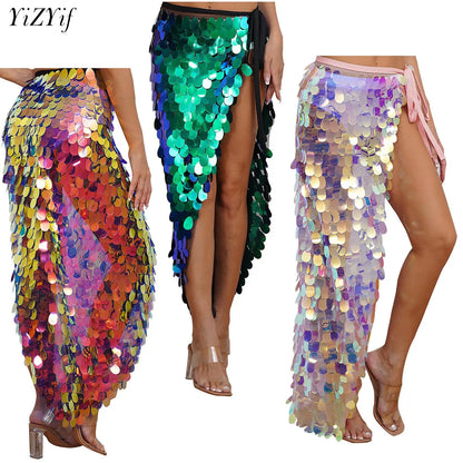 Womens Sequins Dance Skirt Lace-Up Mermaid Hip Scarf Wrap Long Belly Dance Hip Skirt Festival Dance Stage Performance Costumes.