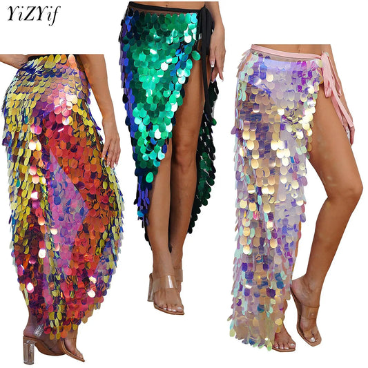 Womens Sequins Dance Skirt Lace-Up Mermaid Hip Scarf Wrap Long Belly Dance Hip Skirt Festival Dance Stage Performance Costumes.