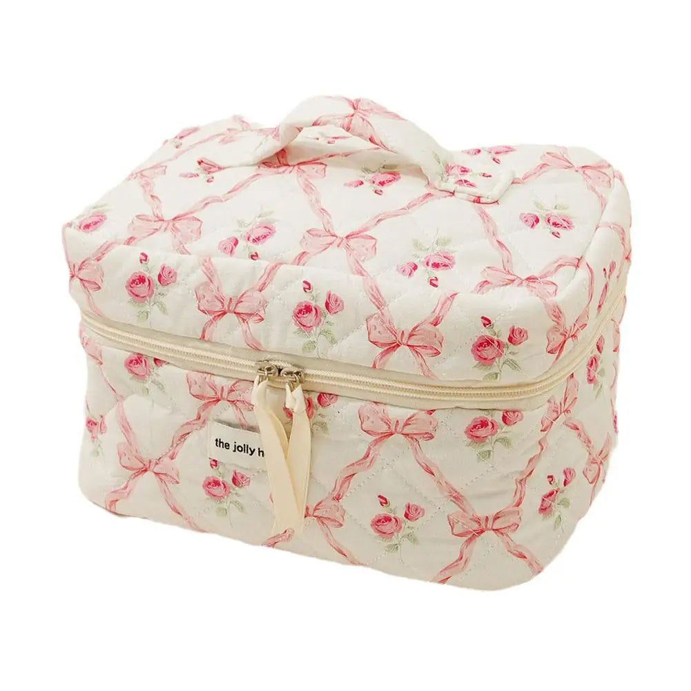 Cute Bow Flower Quilting Makeup Bag Women Zipper Cosmetic Organizer Female Cloth Handbag Portable Toiletry Case For Girls.