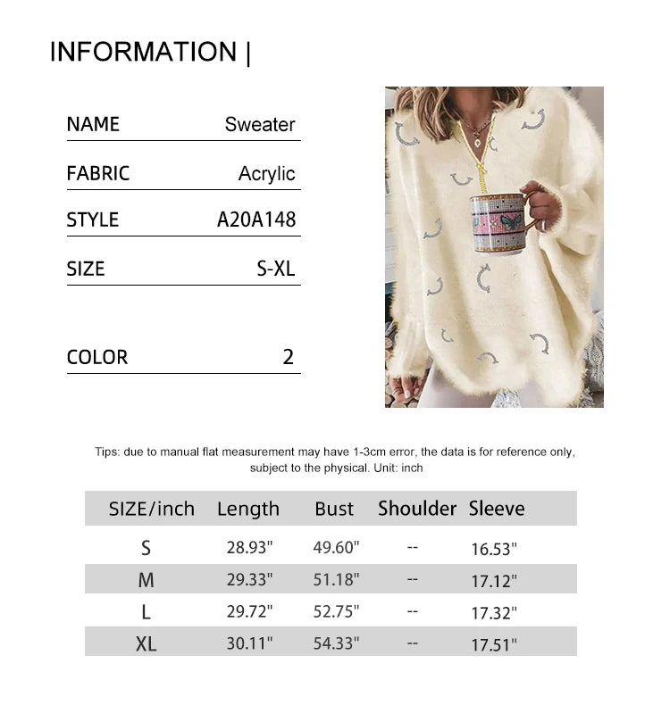 Women's V Neck Long Sleeve Sweater Casual Loose Fit Pullover Sexy Zipper Warm Knit Printed 2024 Fashion Trend for Women.