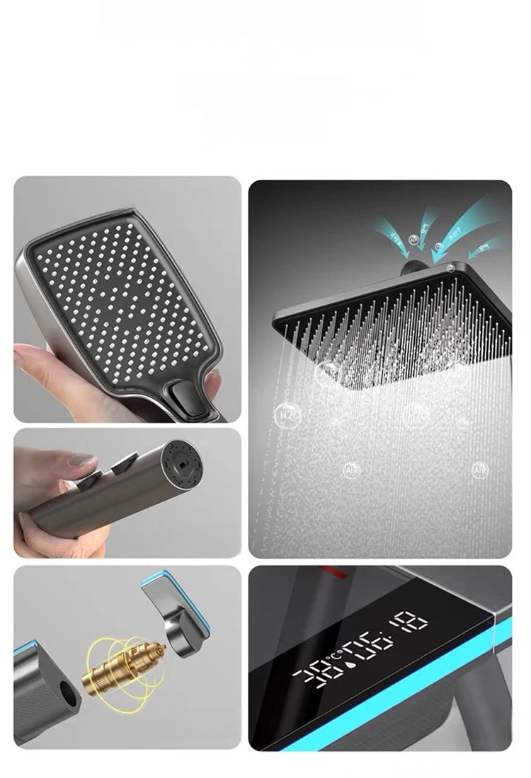 Bathroom Luxury Shower Faucet System with Lights Tempered Glass Shower Set Digital Display Copper Mixer Shower Faucet Set