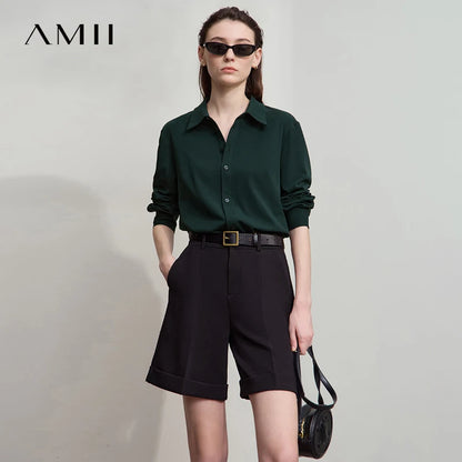 AMII Office Lady Shirt 2025 Autumn New Minimalism thick Long Sleeves Blouse Elastic Cotton Lapel Women's Clothing 12553079.