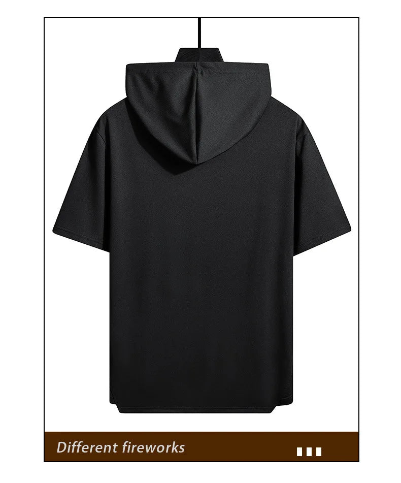 2025 Men's Summer Hoodies T-shirts Short Sleeve Solid Color Loose Hooded Drawstring Pullover Tops Basic Tees for Daily Wear Male.