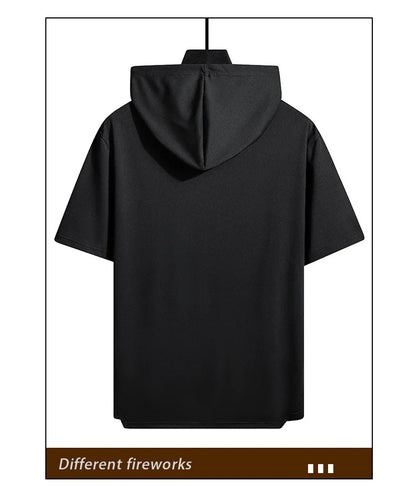 2025 Men's Summer Hoodies T-shirts Short Sleeve Solid Color Loose Hooded Drawstring Pullover Tops Basic Tees for Daily Wear Male.