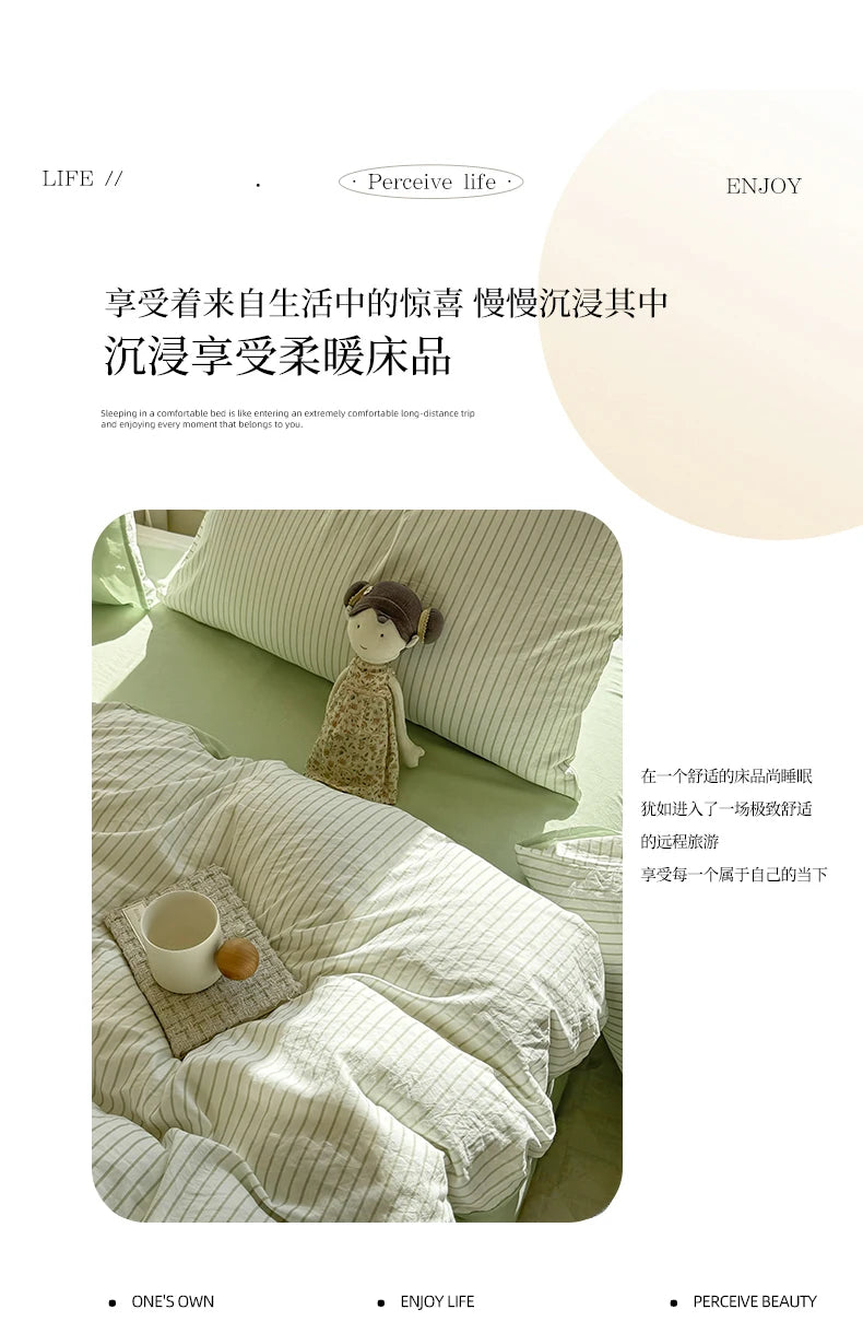 Washed Cotton Duvet Cover Set Quilt Set Ins Nordic Minimalist Style Grey Strip Bed Set Home Textile Bedding Set Bed Sheets 2025.