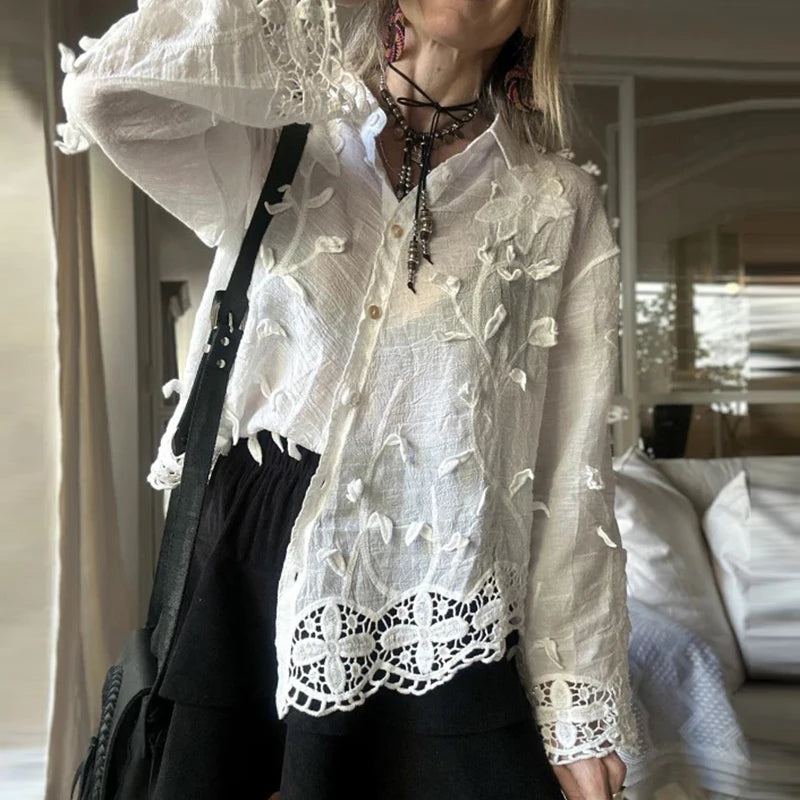Casual Solid Color Long Sleeve Vacation Shirts Elegant Lapel Floral Hollow Out Blouse Fashion Women Single Breasted Commute Tops.