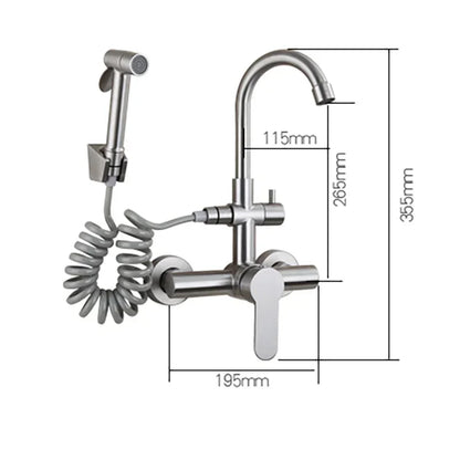 Kitchen Faucet Stainless Steel Double Hole Hot and Cold Mixing Tap Wall Mount Balcony Laundry Swivel Tap With Spray Gun 주방수전