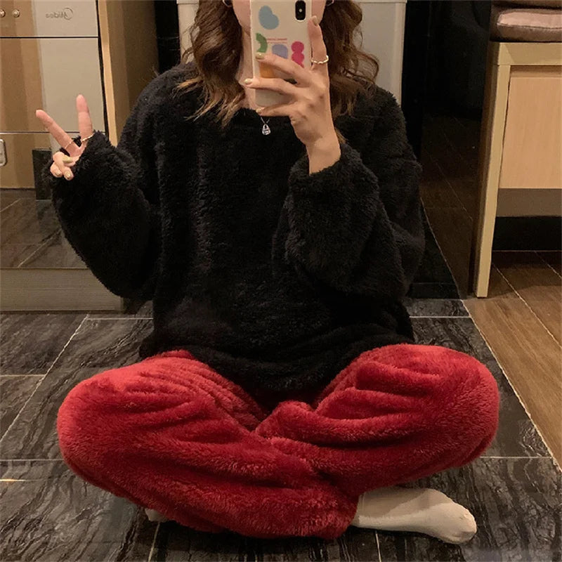 Winter Women Warm Fashion Pajama Sets Sweet   Elegant French Style Girlish Leisure Thicken Flannel Comfort Pajamas