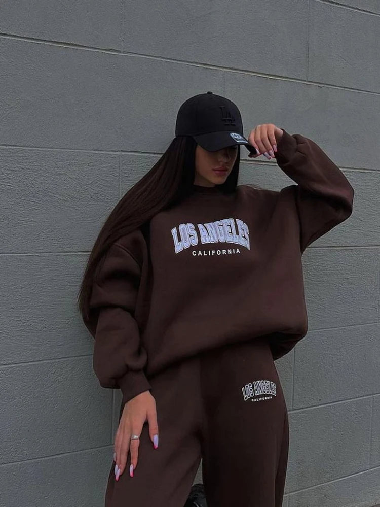 Warm Suit Autumn Winter Women Solid Set Elegant O-neck Pullover Hoodie And Pocket Trousers Two-Piece Set Lady Casual Loose Sets.