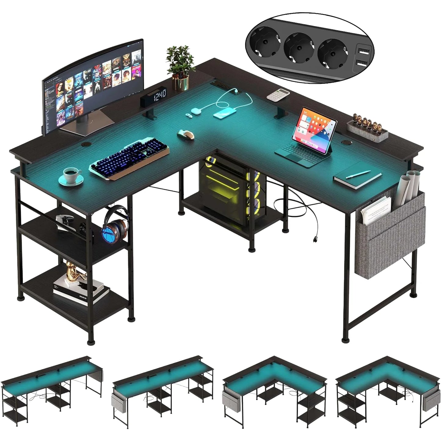 RGB Gaming Schreibtisch L-förmiger Eckschreibtisch Multifunktionaler Computertisch mit Monitorständer und Ablage