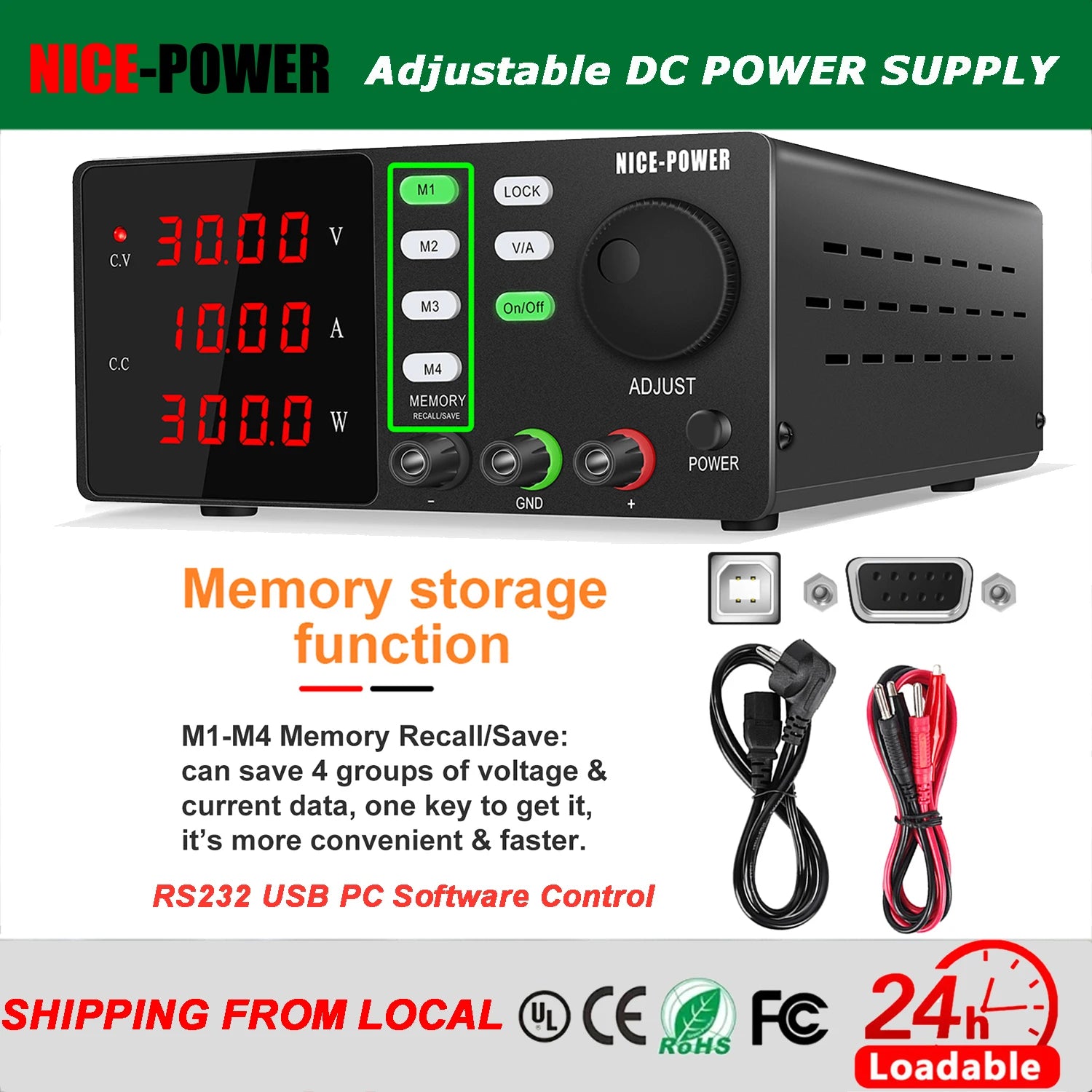 NICE-POWER DC Lab Power Supply 30V 10A 5A Adjustable Power Source For Phone Repairing RS232 USB PC Software Control Data Memory.
