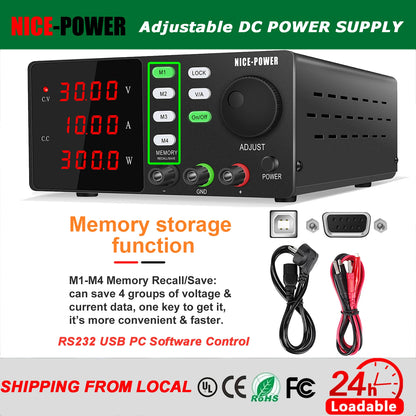NICE-POWER DC Lab Power Supply 30V 10A 5A Adjustable Power Source For Phone Repairing RS232 USB PC Software Control Data Memory.
