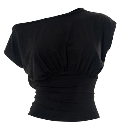 CUTENOVA Solid Color One Shoulder Slant Neck Waist Shrinking Pleated Tank Top Women'S Summer New Casual Simple Fashion Tank Top.