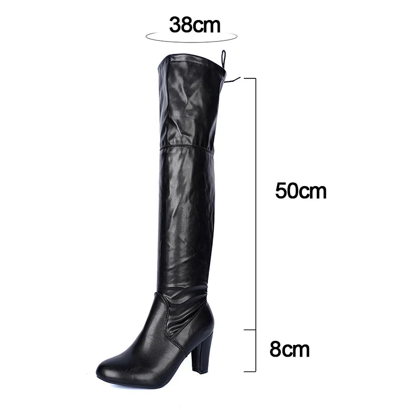 Fashion High Heel Thigh High Boots Women Autumn Winter Soft PU Leather Black Long Boots Woman Slip On Over The Knee Botas Mujer.