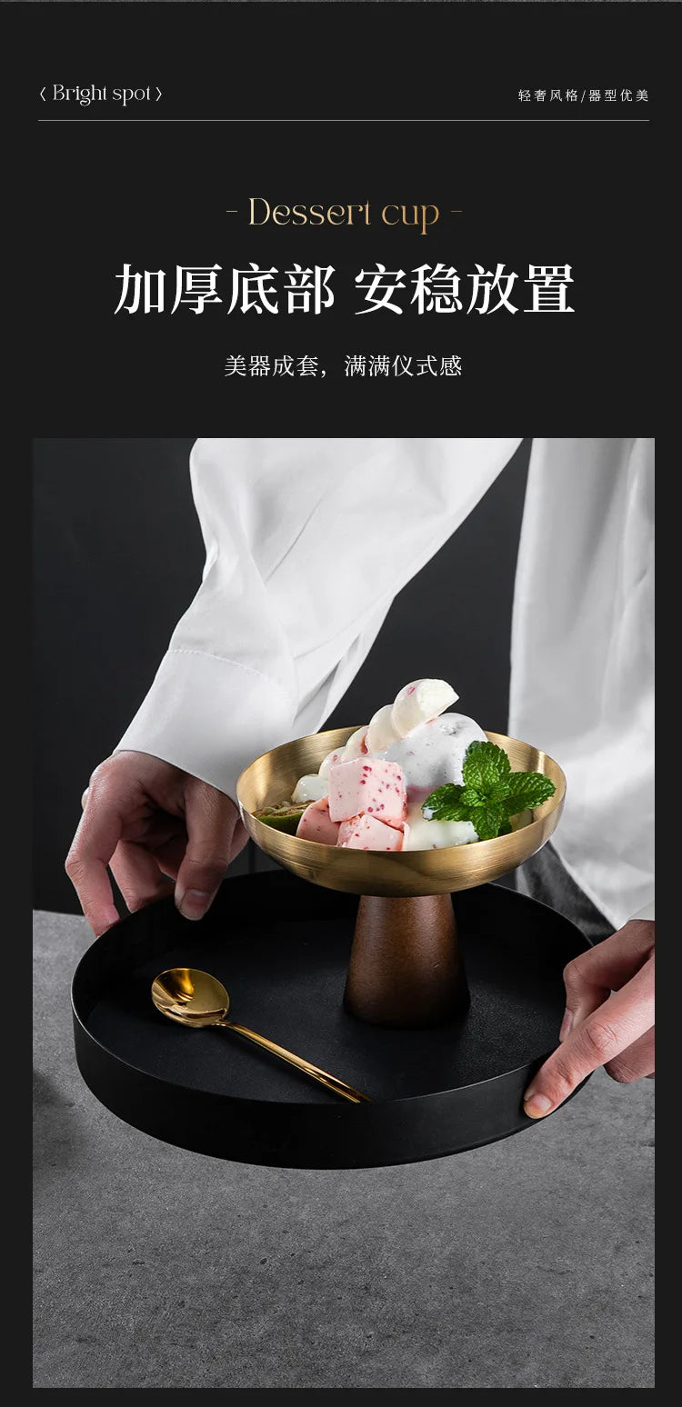 StainlessTea Tray Snack Tray Fruit Tray Salad Tray Steel Wooden Footed Cup High Foot Cup Ice Cream Cup Pudding Cup Dessert Plate.