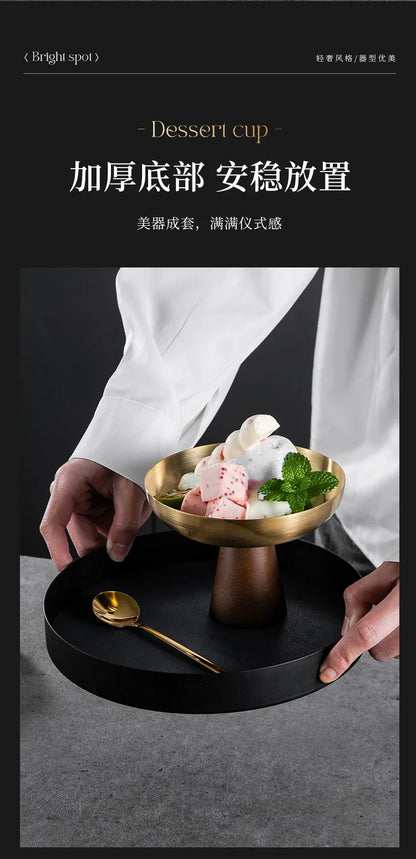 StainlessTea Tray Snack Tray Fruit Tray Salad Tray Steel Wooden Footed Cup High Foot Cup Ice Cream Cup Pudding Cup Dessert Plate.