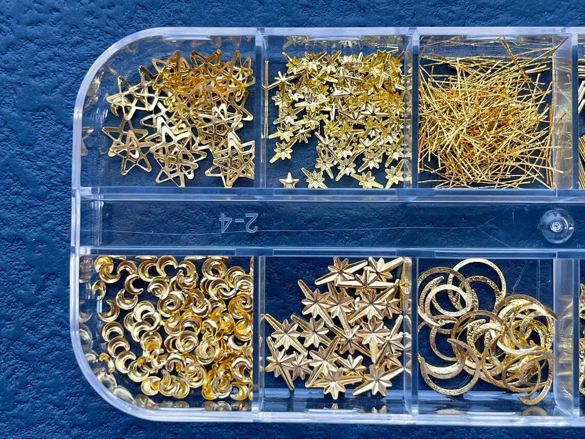 12Grids Moon Star Nails Gold Metallic Nail Sequins Charms 3D Nail Art Tips Decoration  3D Metal Moon Star Sun Bead Rivet Nail Je.