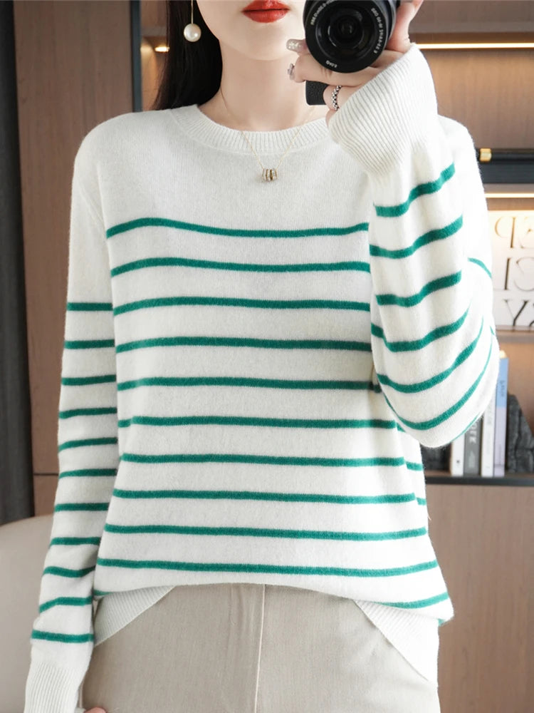 Herbst Winter neue Frauen O-Ausschnitt Farbe Streifen Pullover Wolle Mischung Mode weichen warmen Pullover Kaschmir lose lässig Strick Base Top
