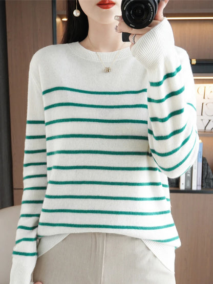 Herbst Winter neue Frauen O-Ausschnitt Farbe Streifen Pullover Wolle Mischung Mode weichen warmen Pullover Kaschmir lose lässig Strick Base Top