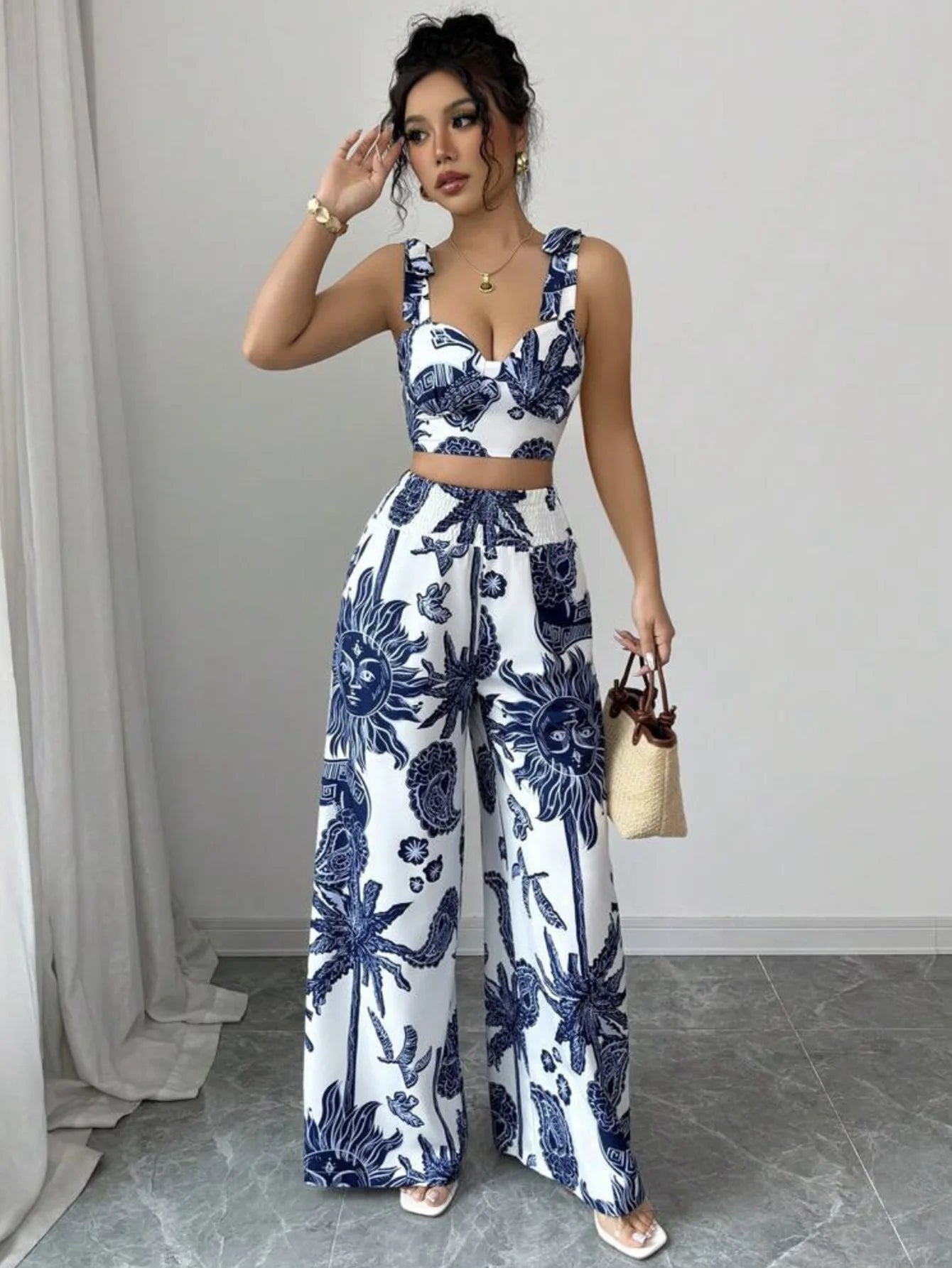 Two Piece Sets Women Pant Print Sling Tops High Waist Wide Leg Pants Drawstring Matching Sets Casual Backless Tops Summer 2025.