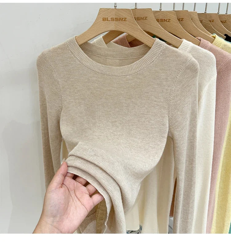 Spring  Basic O-Neck Slim T-Shirt Women Solid Multi Color All-Match Trend Casual Top Screw Knit Long Sleeve Elastic Office Lady.