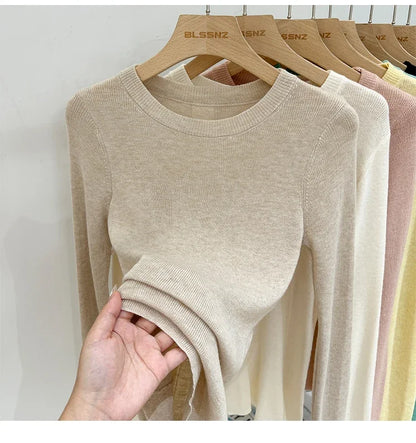 Spring  Basic O-Neck Slim T-Shirt Women Solid Multi Color All-Match Trend Casual Top Screw Knit Long Sleeve Elastic Office Lady.