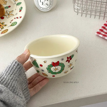 Cute Ceramic Plates Christmas Party Desserts Cake Plates Children's Breakfast Milk Cups Household Kitchen Ceramic Noodle Bowls.