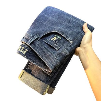 Men's Slim Straight Jeans Fashion Korean Autumn Trousers Comfortable Elastic Black Blue Fitted Business Casual Denim Pants.