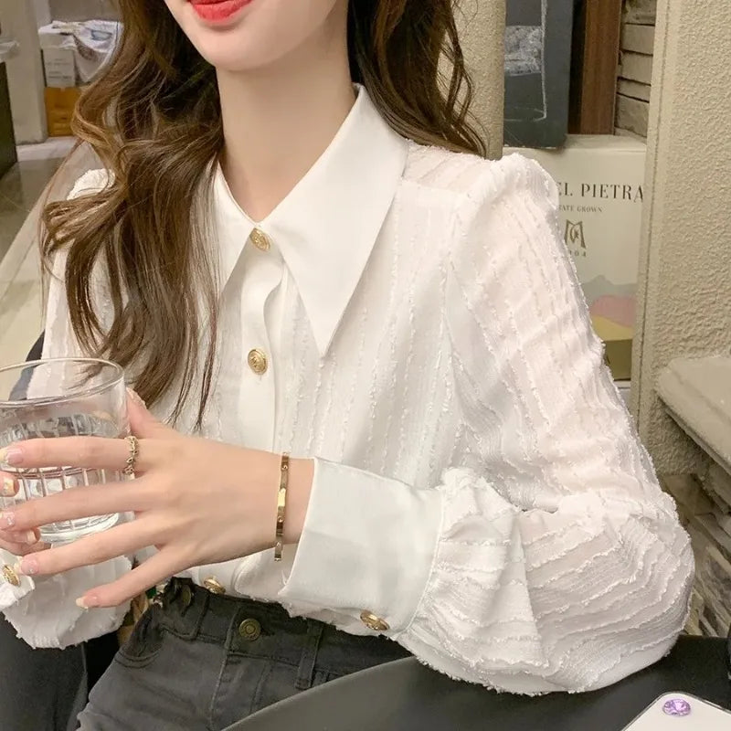 Women Clothing Spring Autumn Simplicity Office Lady Button White Polo Collar Women Shirts All-match Elegant Long Sleeve Cardigan.