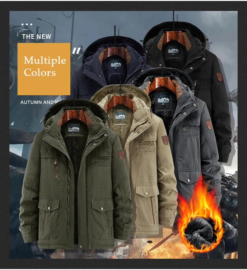 Thick Coat Winter Outdoor Running Sports Windproof Warm Fleece Hooded Cargo Jacket Men Removable Hood Thick Warm Fleece Jacket.