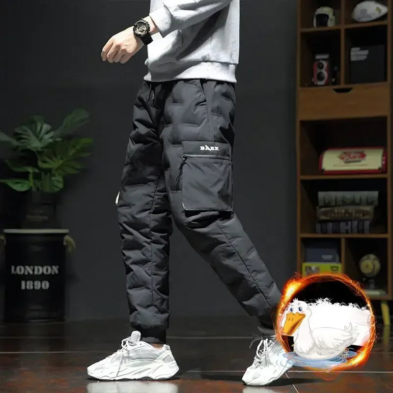 Men's Winter Pants Duck Down Padded Pants Thick Warm Black Loose Jogger Windproof High Waist Elastic Thermal Down Trouser Male.