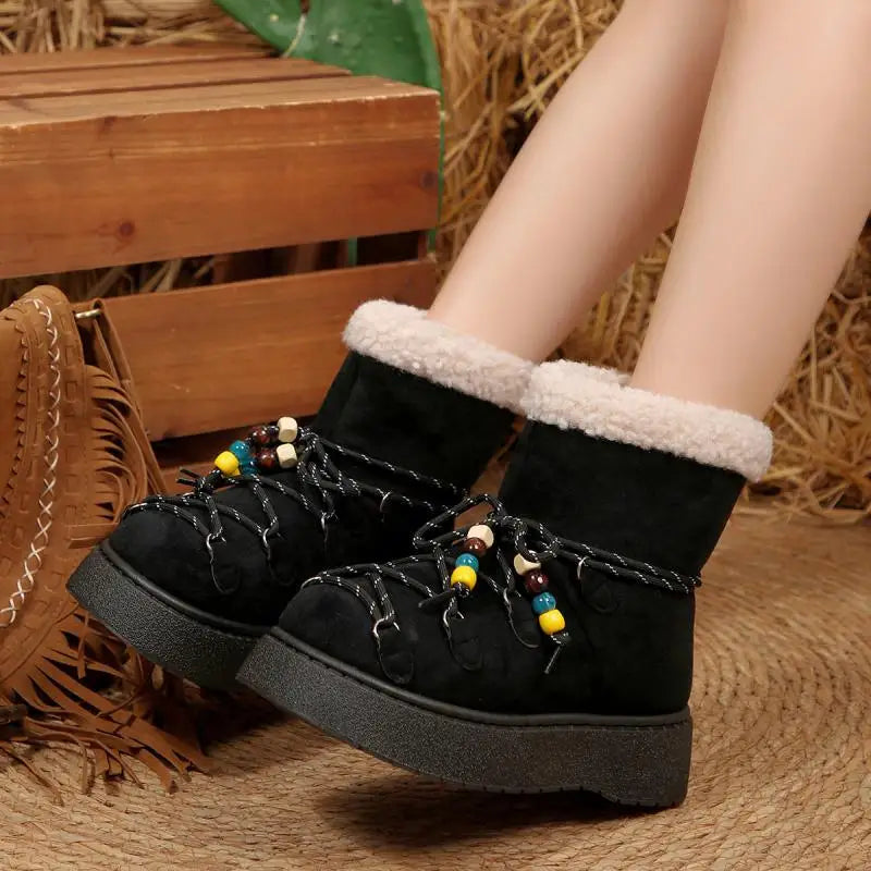 Chunky Platform Non Slip Furry Snow Boots Women 2025 Winter Soft Thick Bottom Warm Plush Ankle Boots Colorful Bead Lace Up Shoes