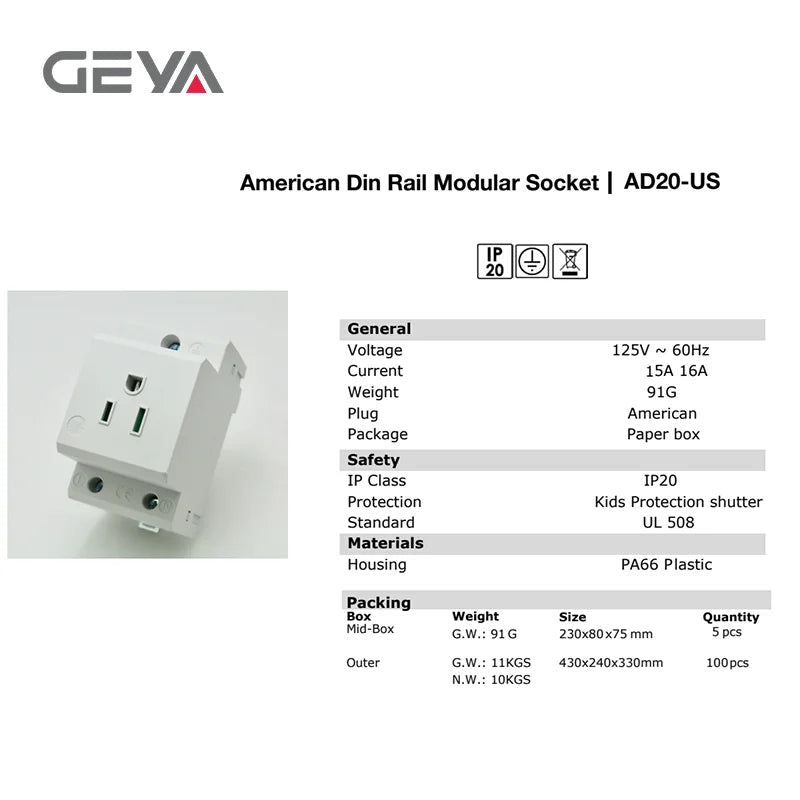 GEYA 16A 220V AC DIN-Schienen-modulare Steckdose – 35 mm, EU/FR/US/BK/IT, industrieller und privater Gebrauch, Netzteil-Adapter-Anschluss.