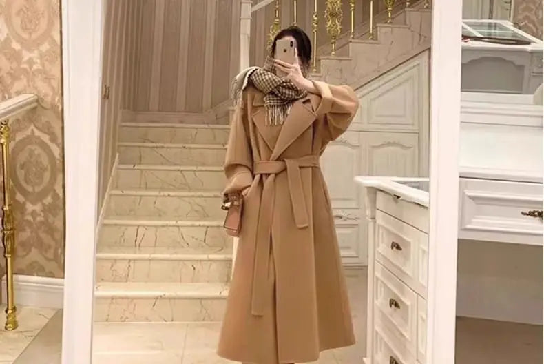 Mode Schwarz Lange Woolen Mantel Mit Gürtel Frauen Lose Revers Mantel Herbst Winter Warme Dame Oberbekleidung High Street.