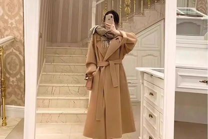 Mode Schwarz Lange Woolen Mantel Mit Gürtel Frauen Lose Revers Mantel Herbst Winter Warme Dame Oberbekleidung High Street.