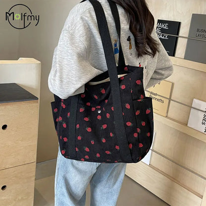 Strawberries Corduroy Handbag Sweet Women's Bag Fashionable Versatile Shoulder Bag Beautiful Simple Commuter Women's Tote Bags.