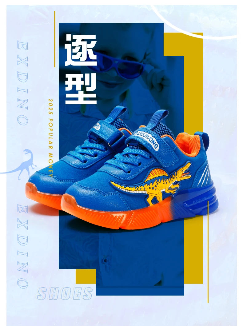 EXDINO Dinosaur Little Kids Spring Autumn LED Light Up Shoes Children Spinosaurus Boys Glowing Casual Sports Sneakers Non-slip.