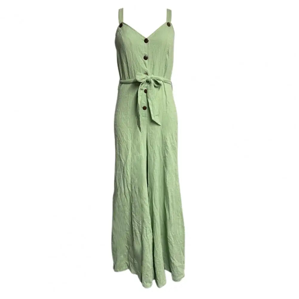 Summer Women Jumpsuit Solid Color Button Closure Lace-up Jumpsuit V Neck Wide Leg Deep Crotch Ankle Length Vest Jumpsuit.